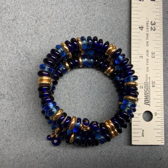 Retro Memory Wire Wrap Bracelet Translucent Blue Gold Beaded Vintage Bohemian - Picture 3 of 3